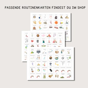 Op de afbeelding: Een set van 100 aquarel ge&iuml;llustreerde routinekaarten voor kinderen. De kaarten tonen verschillende activiteiten zoals muziek maken, lezen, eten en sporten. De kaarten zijn gedrukt op wit karton en zijn perfect voor gebruik in de klas of thuis.