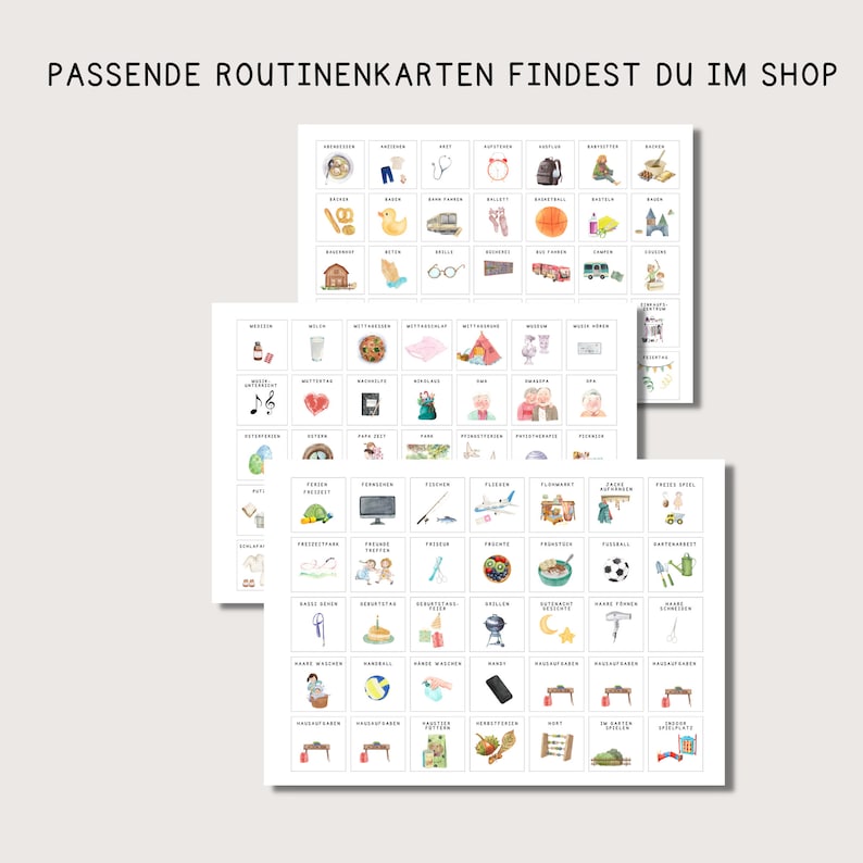 Op de afbeelding: Een set van 100 aquarel ge&iuml;llustreerde routinekaarten voor kinderen. De kaarten tonen verschillende activiteiten zoals muziek maken, lezen, eten en sporten. De kaarten zijn gedrukt op wit karton en zijn perfect voor gebruik in de klas of thuis.