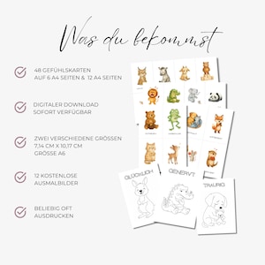 May include: A set of printable cards featuring watercolor animal illustrations, including a lion, panda, and fox. The cards are accompanied by coloring pages with animal outlines and German text. The text on the image says "Was du bekommst".