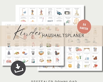 May include: A set of 84 illustrated cards for a children's household planner. The cards feature watercolour illustrations of various household chores, such as sweeping, washing dishes, and taking out the rubbish. The cards are designed to help children learn about household responsibilities and to make chores more fun.