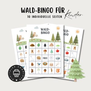 Può includere: Tre fogli di Wald-Bingo per bambini. Le cartelle del bingo presentano illustrazioni ad acquerello di elementi naturali come foglie, insetti e animali. Il testo sulle carte include "Wald-Bingo für Kinder" e "10 individuelle Seiten". Un'icona di download digitale è in basso a sinistra.