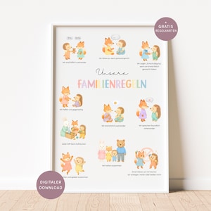 Könnte beinhalten: Ein gerahmter Druck mit Aquarellillustrationen von Füchsen und Igeln in verschiedenen Szenen. Der Druck enthält deutschen Text, darunter den Titel "Unsere Familienregeln" in bunten Buchstaben. Ein digitaler Download ist ebenfalls verfügbar.