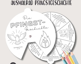 Modello per lavoretti per bambini sulla Pentecoste, per comprendere le storie bibliche, ruota da colorare a tema religioso, per la scuola, l'asilo, la chiesa e la famiglia.