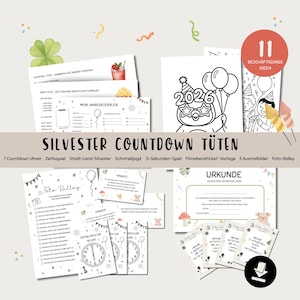 May include: A collection of New Year's Eve party activity printables. Includes coloring pages, a photo rally, countdown clocks, and certificates. The text "SILVESTER COUNTDOWN TÜTEN" is displayed prominently.