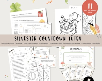 New Year's Eve countdown bags, activity ideas for children, including scavenger hunt, coloring pages, photo rally and more, instant download
