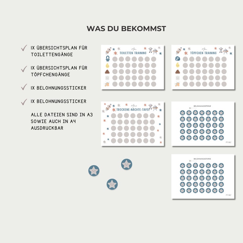 K&ouml;nnte beinhalten: Ein druckbarer Satz von T&ouml;pfchentraining-Diagrammen und Belohnungsaufklebern mit Weltraumthema. Die Diagramme beinhalten "Toilet Training", "Potty Training" und "Dry Night Chart". Die Belohnungsaufkleber sind blaue Sterne.