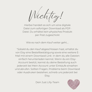 May include: A pink heart graphic with the text "Wichtig!" in black cursive font. The text below explains that the purchase is a digital download and not a physical product. The text also explains how to access the download after purchase.