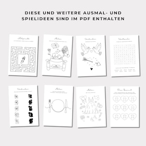 May include: Eight black and white printable activity sheets are displayed. The sheets feature a maze, illustrations of doves, a word search, and wedding-themed drawings. The text at the top reads, "DIESE UND WEITERE AUSMAL- UND SPIELIDEEN SIND IM PDF ENTHALTEN."