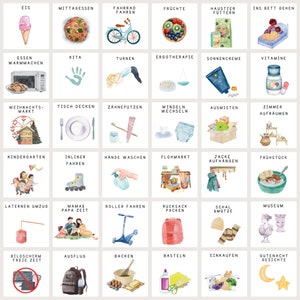 May include: A colorful illustration of 36 different activities for children, including eating lunch, riding a bike, playing in the park, and reading a book. The illustrations are in a watercolor style and are set against a white background.