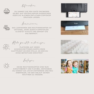 May include: A step-by-step guide on how to create routine cards for children. The guide includes instructions for printing, laminating, adding adhesive dots, and using the cards. The image shows a printer, laminator, adhesive dots, and children using the cards.