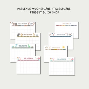 May include: Six printable weekly planner templates with different animal illustrations. Each template has the text "Mein Wochenplan" which translates to "My Weekly Planner" in English.