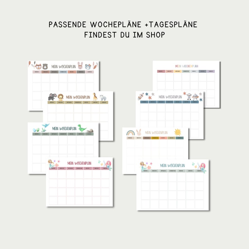 May include: Six printable weekly planner templates with different animal illustrations. Each template has the text "Mein Wochenplan" which translates to "My Weekly Planner" in English.