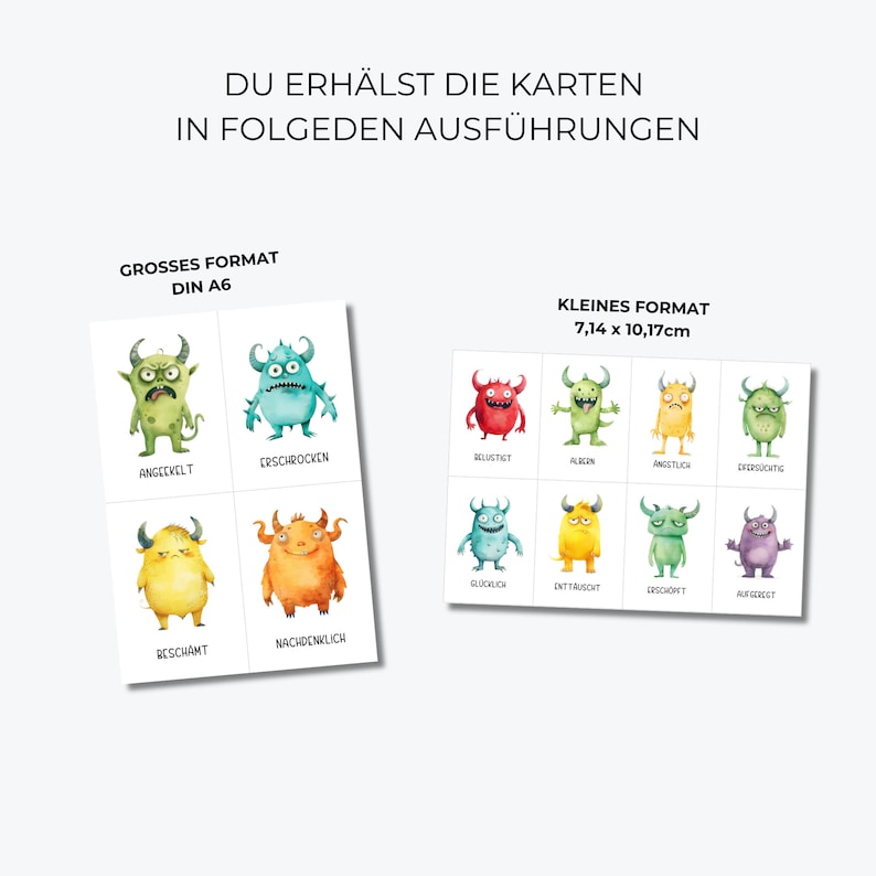 May include: Two sets of cards featuring watercolor monster illustrations, each representing a different emotion. The larger cards are DIN A6 size, while the smaller cards measure 7.14 x 10.17cm. The cards display emotions like angry, scared, and happy.