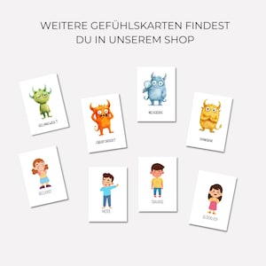 May include: A set of eight illustrated cards featuring different emotions. Each card has a colourful monster or person with a word describing the emotion below. The words are:  'Bored', 'Insulted', 'Overwhelmed', 'Curious', 'Tired', 'Sad', 'Thankful', and 'Happy'.