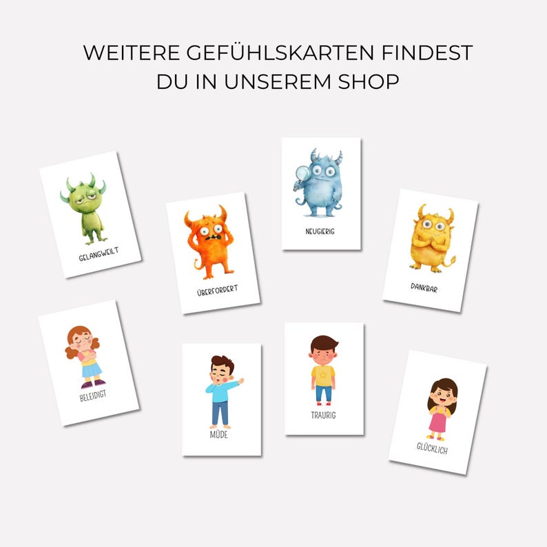 May include: A set of eight illustrated cards featuring different emotions. Each card has a colourful monster or person with a word describing the emotion below. The words are:  'Bored', 'Insulted', 'Overwhelmed', 'Curious', 'Tired', 'Sad', 'Thankful', and 'Happy'.
