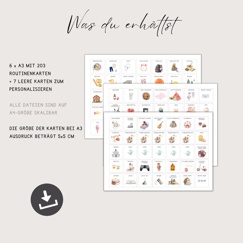 May include: A set of 203 printable routine cards for children. The cards feature colorful illustrations of activities like getting dressed, eating breakfast, and playing outside. The cards are designed to be used in a classroom or home setting to help children learn about daily routines. The cards are 5x5 cm when printed on A3 paper.