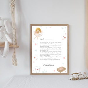 May include: A printable card featuring a tooth fairy illustration with a pink dress and a crown. The card has a message about losing a tooth and a gift from the tooth fairy. The text on the card reads "Hallo! Ich bin die Zahnfee und ich habe geh&ouml;rt, dass du eines deiner Milchz&auml;hne verloren hast. Das ist ein gro&szlig;er Schritt, denn es bedeutet, dass du  wichtig und &auml;lter wirst. Ich bin sehr tapferes Kind bist und dass du deinen Z&auml;hnen  gut gepflegt hast. Das ist gro&szlig;artig! Ich habe dir ein kleines Geschenk hinterlassen. Ich hoffe, es gilt dir. Vergiss nicht, dass es mir wichtig ist, deine Z&auml;hne sauber zu halten, damit sie gesund bleiben. Ich freue mich darauf, bald wieder von dir zu h&ouml;ren, wenn du deinen n&auml;chsten Zahn verlierst. Bis dahin, pass auf dich auf und hab eine tolle Zeit! Deine Zahnfee"