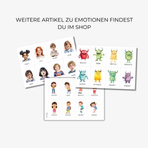May include: Cards featuring illustrations of children and cartoon monsters, each representing different emotions. The cards display words like "happy," "sad," and "angry." The text at the top reads "WEITERE ARTIKEL ZU EMOTIONEN FINDEST DU IM SHOP."