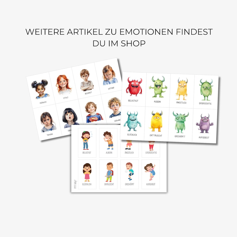 May include: Cards featuring illustrations of children and cartoon monsters, each representing different emotions. The cards display words like "happy," "sad," and "angry." The text at the top reads "WEITERE ARTIKEL ZU EMOTIONEN FINDEST DU IM SHOP."