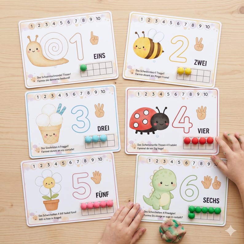 May include: Six educational learning cards featuring numbers one through six, each displaying a cute illustration, a large numeral, a hand gesture, a ten-frame with colorful spheres, and German text. The cards are arranged on a light wood surface.