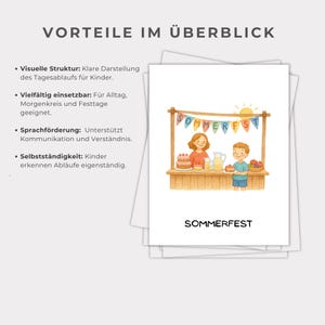 May include: A stack of white cards with German text and a watercolor illustration of a summer festival. The illustration shows a woman and a boy at a stand with cakes, lemonade, and fruit. The word "SOMMERFEST" is written below.