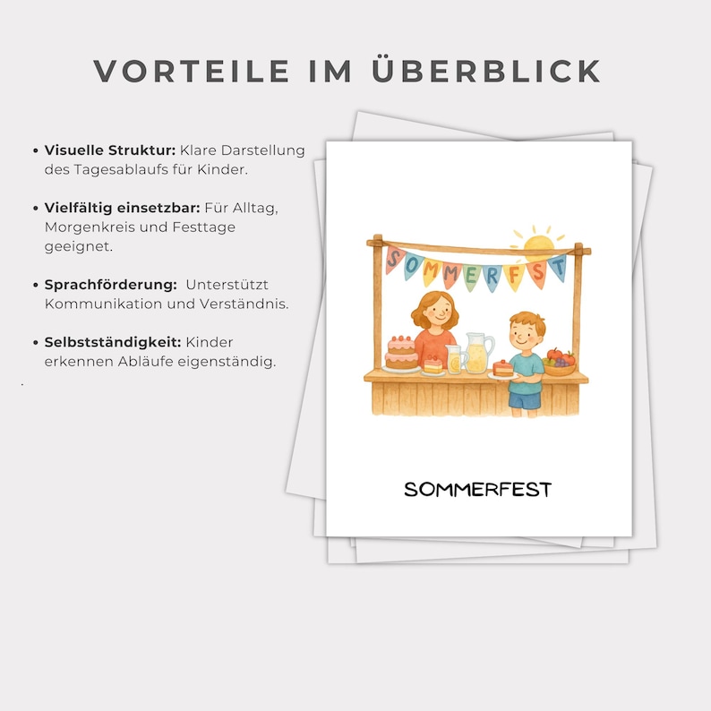 May include: A stack of white cards with German text and a watercolor illustration of a summer festival. The illustration shows a woman and a boy at a stand with cakes, lemonade, and fruit. The word "SOMMERFEST" is written below.