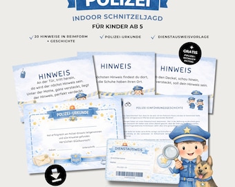 Indoor Schnitzeljagd  Kinder ab 5 Jahre, Polizei Schatzsuche Wohnung,  Kindergeburtstag Schnitzeljagd drinnen, PDF zum Ausdrucken
