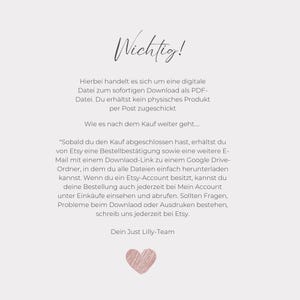 May include: A light beige digital download information card with the word "Wichtig!" in elegant script. The card provides details about the digital file, download instructions, and Etsy account access. A small heart graphic is at the bottom.