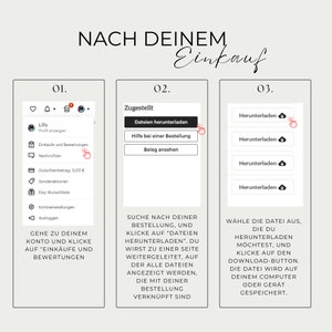 K&ouml;nnte beinhalten: Ein Screenshot eines Computerbildschirms, der eine Schritt-f&uuml;r-Schritt-Anleitung zum Herunterladen von Dateien nach einem Kauf zeigt. Die Schritte sind mit 1, 2 und 3 nummeriert. Schritt 1 zeigt ein Men&uuml; mit Optionen wie "Profil", "K&auml;ufe und Bewertungen" und "Nachrichten". Schritt 2 zeigt einen Button mit der Aufschrift "Dateien herunterladen". Schritt 3 zeigt einen Button mit der Aufschrift "Herunterladen".
