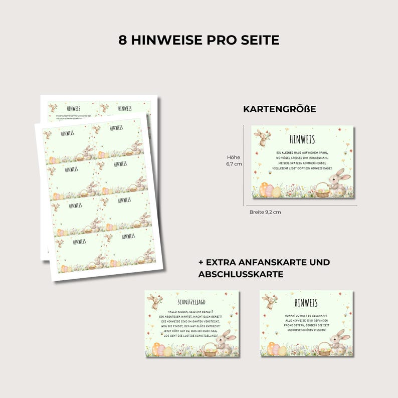 Puede incluir: Cartas de juego de b&uacute;squeda de huevos de Pascua imprimibles con ilustraciones de conejos e instrucciones. Las tarjetas miden 9,2 cm de ancho y 6,7 cm de alto. Las tarjetas incluyen instrucciones para una b&uacute;squeda del tesoro y una tarjeta de inicio y una tarjeta de final.