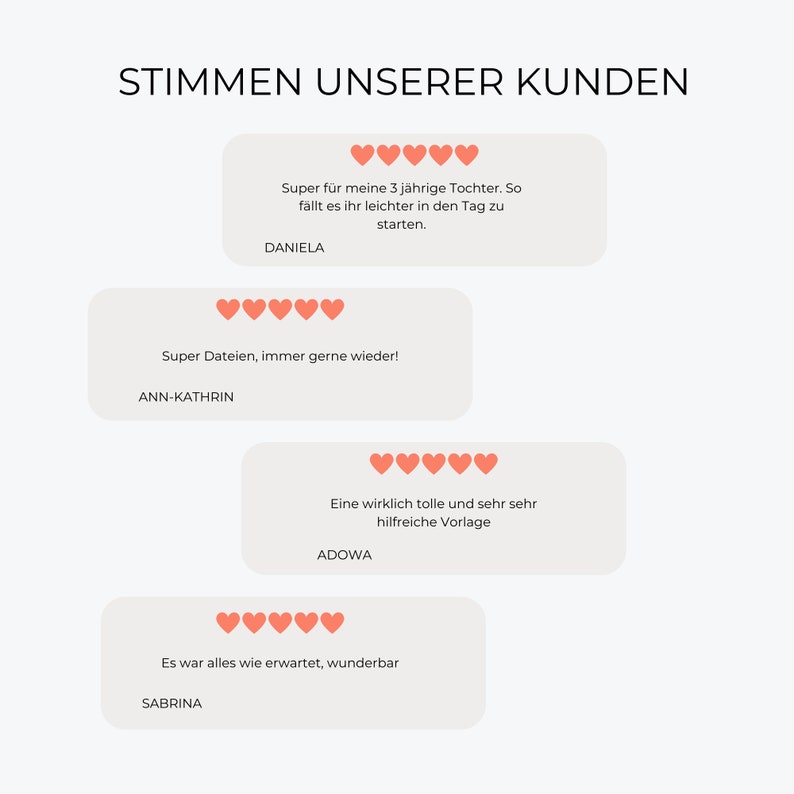 May include: Image features customer testimonials in German. Text is displayed in speech bubbles with red heart icons. The title reads "STIMMEN UNSERER KUNDEN". Each bubble contains a customer's review and name.