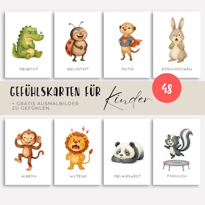 Puede incluir: Juego de ocho tarjetas ilustradas de emociones para niños. Cada tarjeta presenta un animal diferente con una etiqueta de emoción correspondiente en alemán. Las tarjetas incluyen un cocodrilo, una mariquita, un suricato, un conejo, un mono, un león, un panda y una mofeta.