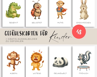 May include: Set of eight illustrated emotion flashcards for children. Each card features a different animal with a corresponding emotion label in German. The cards include a crocodile, ladybug, meerkat, rabbit, monkey, lion, panda, and skunk.