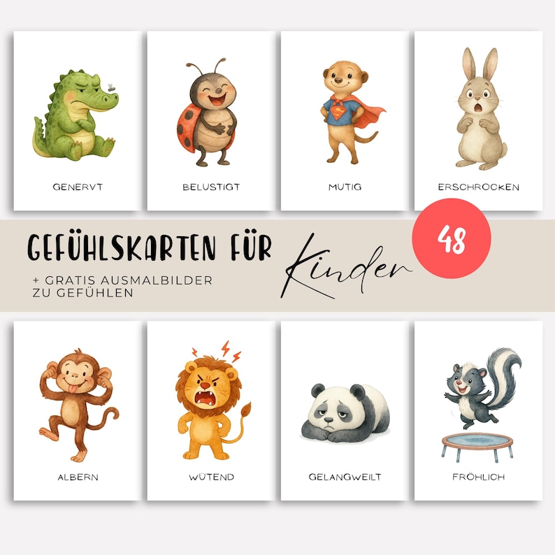 May include: Set of eight illustrated emotion flashcards for children. Each card features a different animal with a corresponding emotion label in German. The cards include a crocodile, ladybug, meerkat, rabbit, monkey, lion, panda, and skunk.