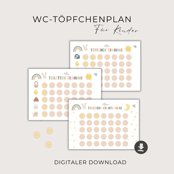 Töpfchen Training Kleinkind Toilettentraining Lernhilfe sauber werden Verstärkerplan PDF Download zum ausdrucken, Montessori Töpfchen Planer