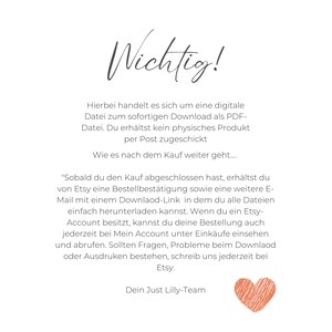 K&ouml;nnte beinhalten: Wei&szlig;er Hintergrund mit dem deutschen Wort "Wichtig!" in Handschrift. Der Text erkl&auml;rt den digitalen Download-Prozess, einschlie&szlig;lich Etsy-Bestellbest&auml;tigung und Download-Links. Unten befindet sich ein kleines orangefarbenes Herz.