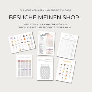 May include: A selection of printable planner pages and charts, including a weekly planner, expense tracker, and savings jar tracker. The pages are white with colourful illustrations and text. The text "BESUCHE MEINEN SHOP" is visible.