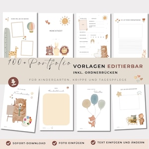 Op de afbeelding: Een verzameling afdrukbare portfolio-pagina's voor kleuterschool, kinderdagverblijf en peuterspeelzaal. De pagina's bevatten aquarel illustraties van dieren, ballonnen en andere speelse ontwerpen. Tekst bevat "100+ Portfolio" en "Bewerkbare sjablonen".