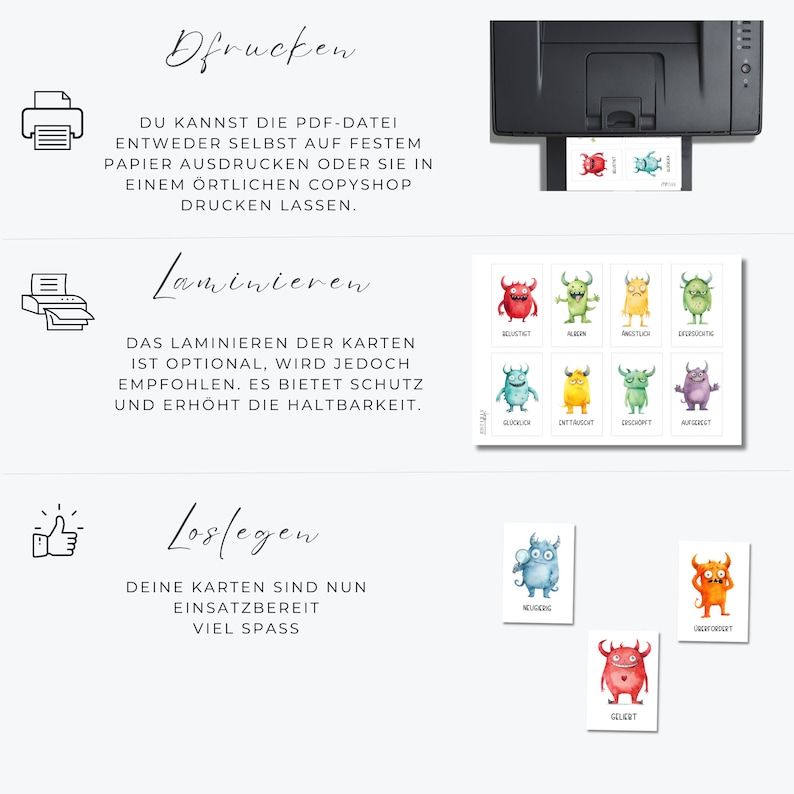 May include: A printed guide with instructions on printing, laminating, and using emotion cards. The cards feature colorful monster illustrations representing different feelings. The text includes "Print", "Laminate", and "Get Started".