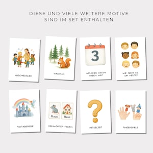 May include: A set of illustrated cards with various themes. The cards feature images of children, a squirrel, a calendar, faces, a castle, a mouse and house, a question mark, and finger puppets. Text on the cards includes German phrases.