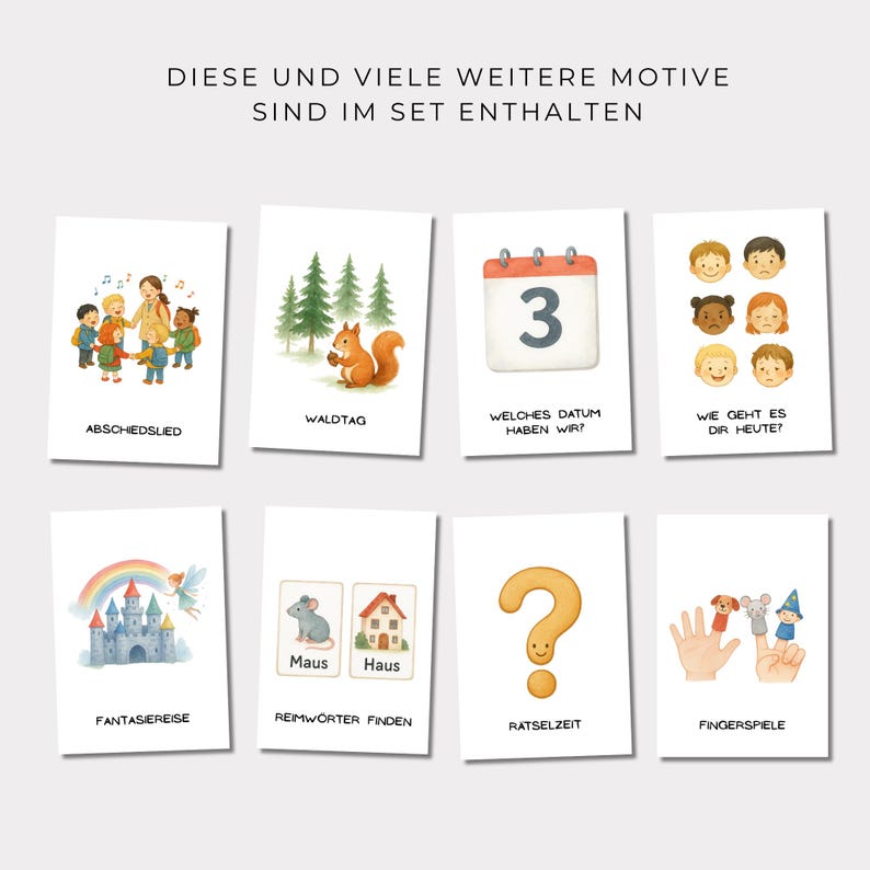 May include: A set of illustrated cards with various themes. The cards feature images of children, a squirrel, a calendar, faces, a castle, a mouse and house, a question mark, and finger puppets. Text on the cards includes German phrases.