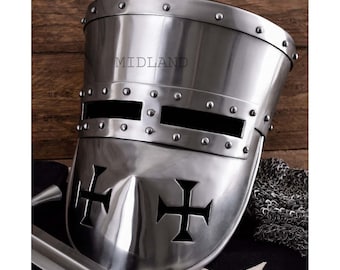 Casque de croisé médiéval – Heaume de chevalier templier | Casque cosplay fait main avec armure en acier | Cadeau d'Halloween