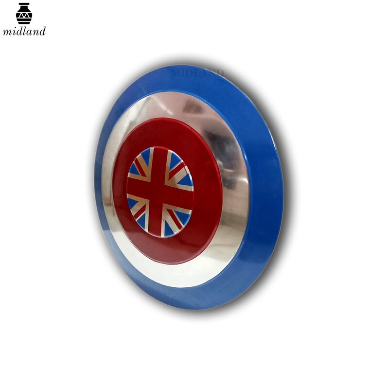 May include: A circular shield with a blue border, a silver central band, and a red centre. The centre displays the Union Jack flag. This item is likely a decorative piece or a prop.