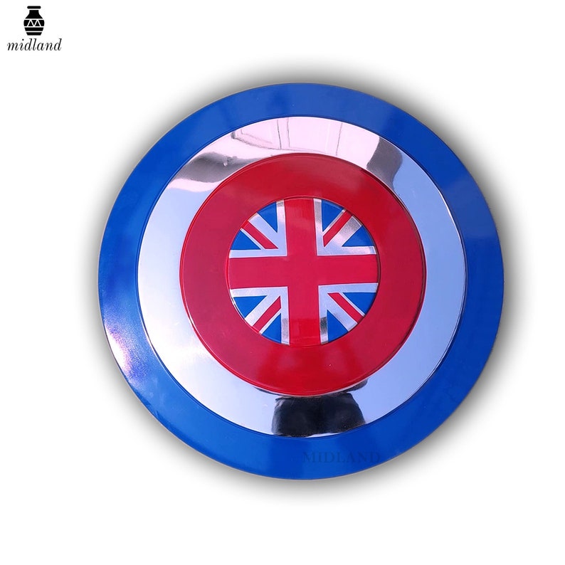 May include: A circular shield with a blue border, a silver central ring, and a red centre. The centre displays the Union Jack flag. This shield is likely a toy or prop for costume or display purposes.