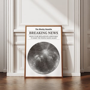 Breaking News Disco Ball Print: Retro Black and White Wall Art (Digital Download)