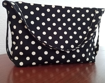 Small Vegan Handbag, Fabric Handbag, Black & White, Short Strap, Vegan Shoulder Bag, Polka Dots, Everyday Bag, Handmade, Zipped Bag, Top Zip