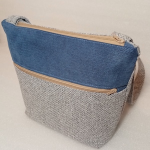 Blue & Grey Crossbody Shoulder Bag, Vegan, Water Resistant Fabric, Two Zipped Pockets, Handmade, Unique, Faux Wool Fabric, Adjustable Strap
