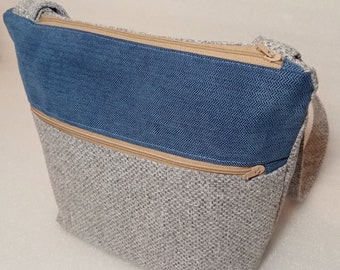 Handgemaakte crossbodytas, veganistisch, waterbestendig, 2 vakken met ritssluiting, blauw, grijs