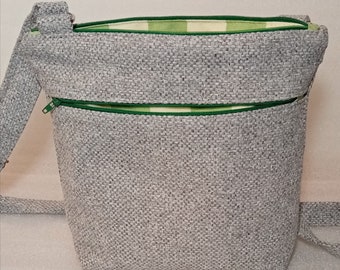 Grey vegan bag, crossbody bag, shoulder bag, green zips, water resistant bag, vegan gift, handmade bag, unique bag, top zip bag, fabric bag