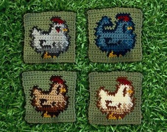 May include: Four square-shaped embroidered patches featuring different colored chickens. The patches are green with white stitching and feature a white chicken, a blue chicken, a brown chicken, and a white chicken.